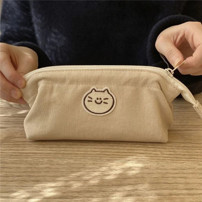 Cat Dog Pencil Case Japanese Style Large Capacity Simple Minority High Appearance Korean Canvas Exquisite Stationery Storage Bag Peaceful Pleasures Health and Wellness