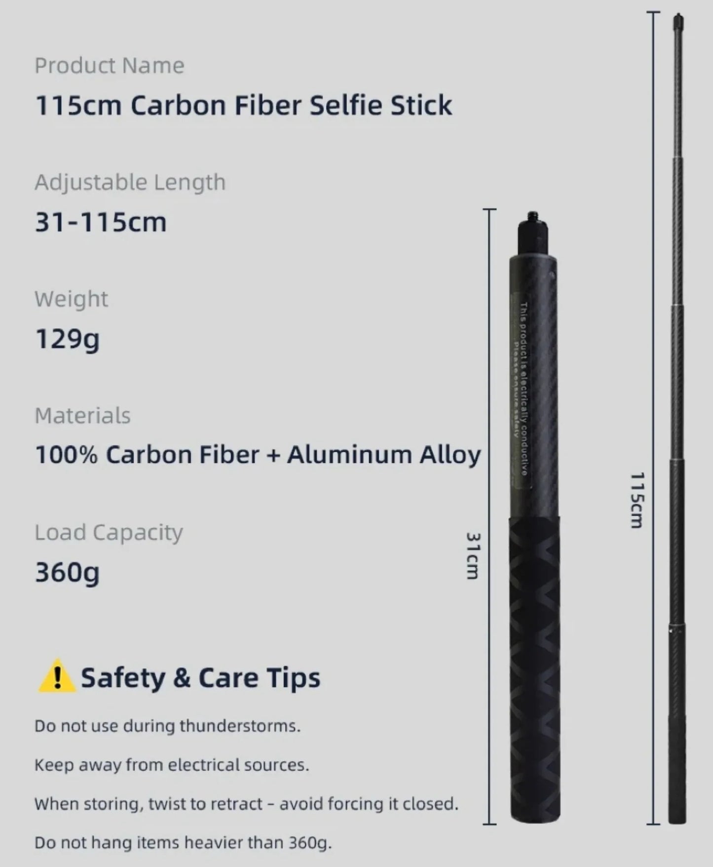 115cm Carbon Fiber Invisible Selfie Stick | Insta360 X5/X4/X3 & GoPro