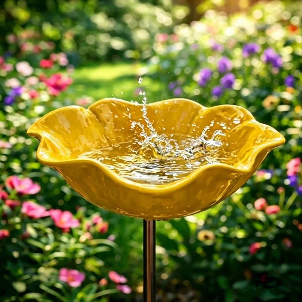 Handcrafted Metal Flower Garden Stake & Bird Bath | UV Resistant