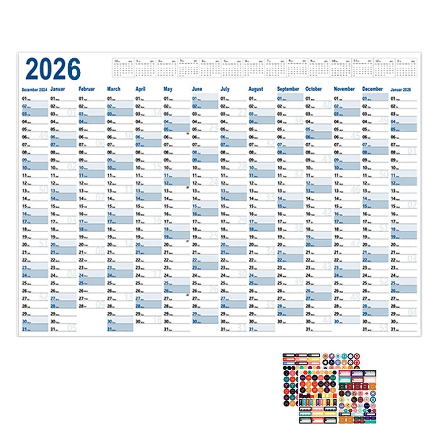 2026 Yearly Wall Calendar Poster with Stickers Large Planning Schedule Home Office Organization Time Management Tool Peaceful Pleasures Health and Wellness E