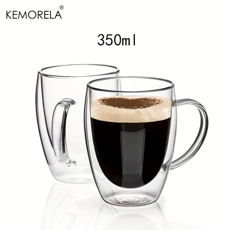KEMORELA 350ml Double Wall Glass Coffee Mugs with Handle | 2/4/6 Pack