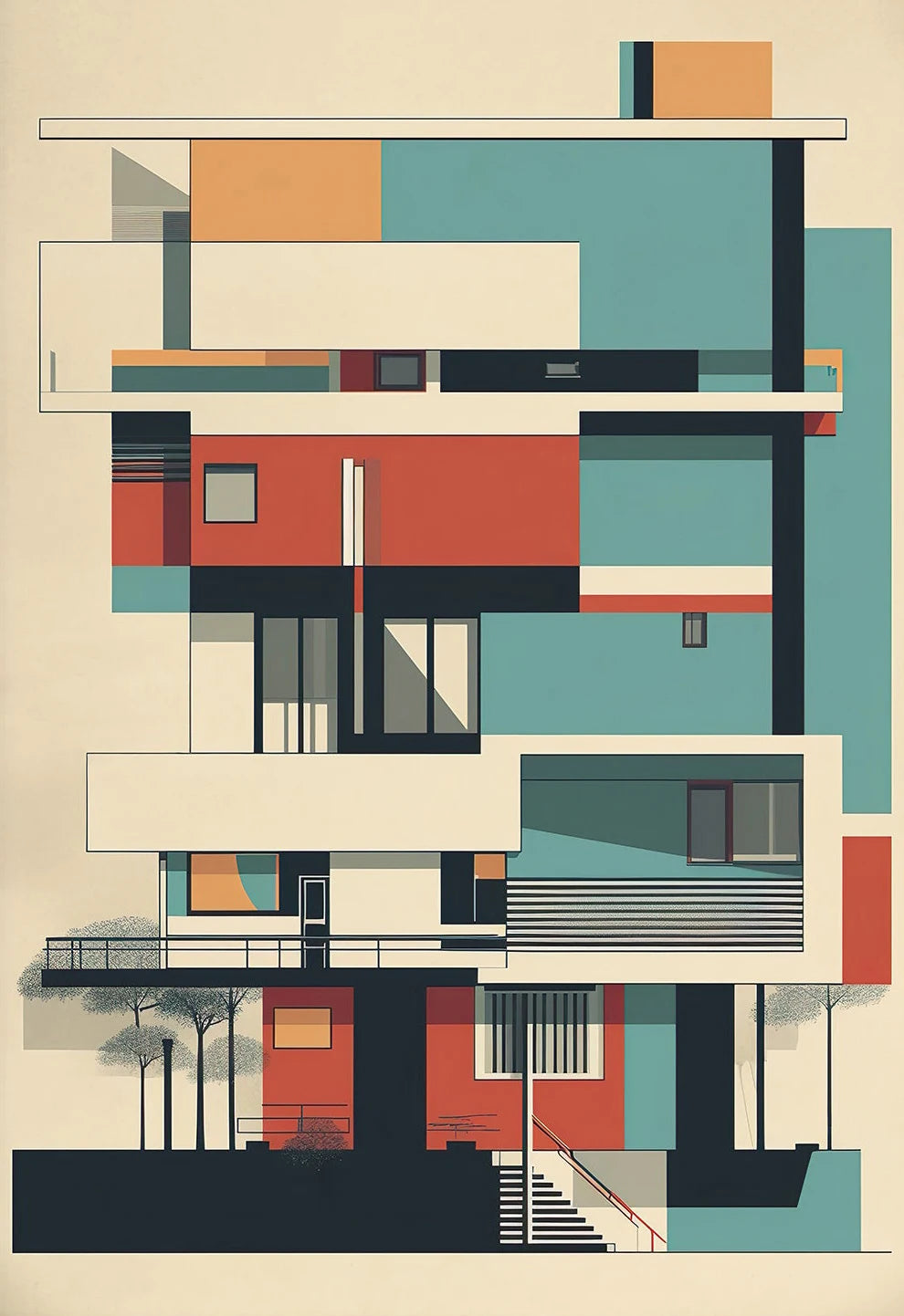 Fallingwater Bauhaus Architecture Abstract Canvas Wall Art Print