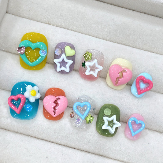Handmade Press on Nails Cute Short 3D Colorful Heart Design False Nails Patches Ins Summer Wearable Fake Nails for Girl Wearable Peaceful Pleasures Health and Wellness