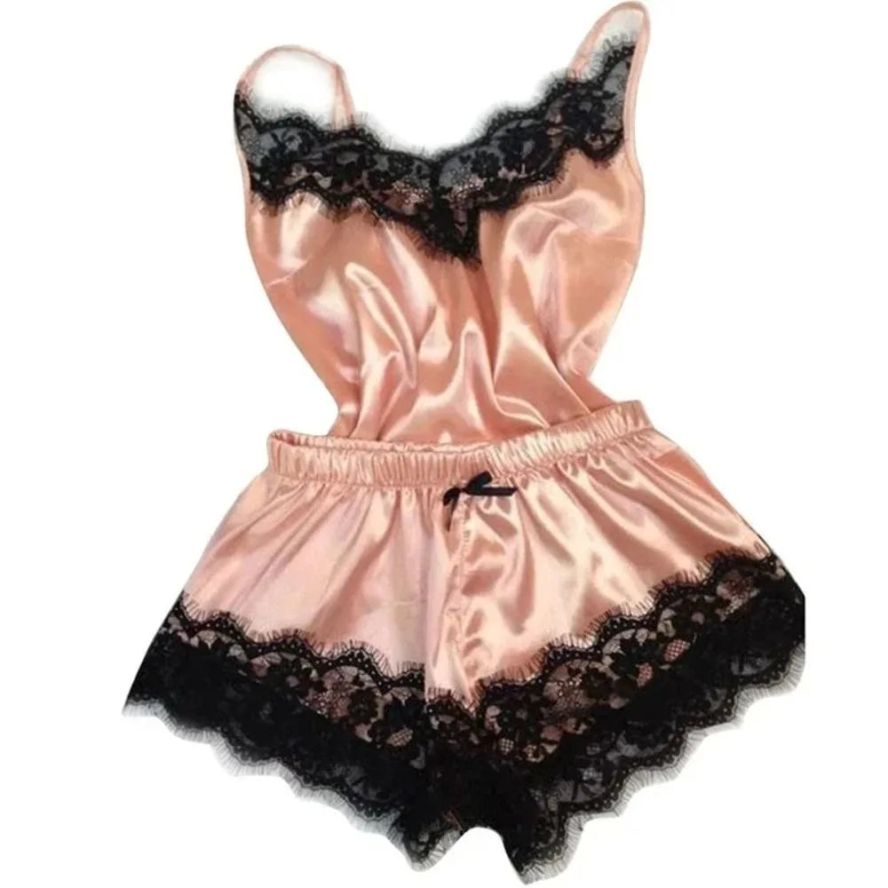 Women's Satin Lace Bowknot Pajama Set – Camisole & Shorts Women's Pajama Set Peaceful Pleasures Health and Wellness Pink One Size