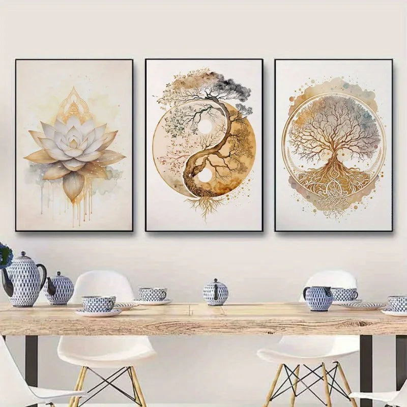 3-Piece Bohemian Lotus & Tree of Life Canvas Wall Art Prints Canvas Wall Art Set Peaceful Pleasures Health and Wellness