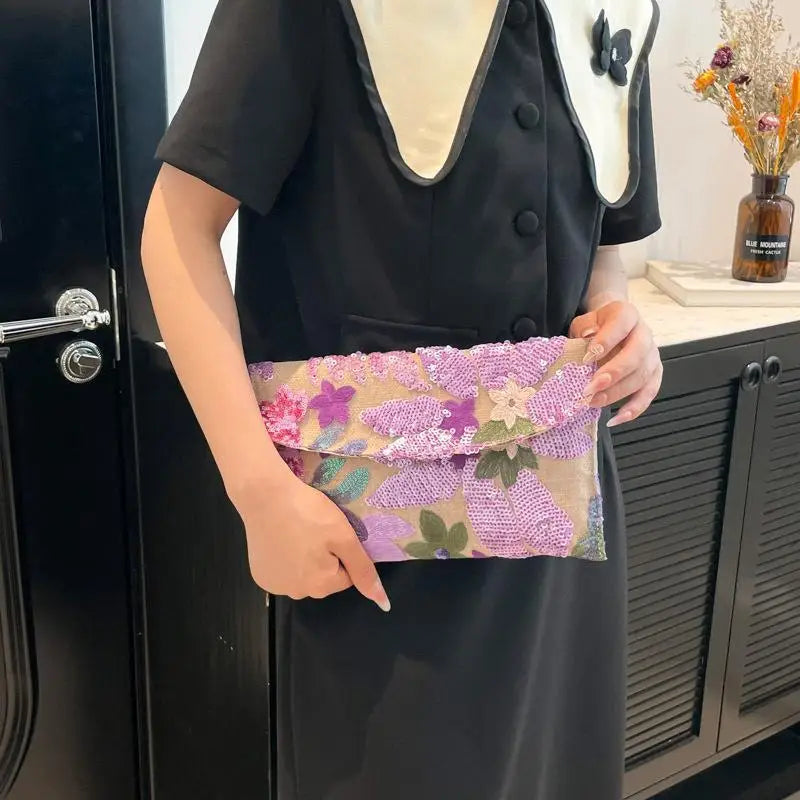 Sequin Floral Embroidery Evening Clutch Bag | Glitter Party Purse