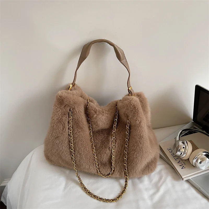 Practical Retro Plush Bag for Women Large Capacity Tote Shoulder Handbag Autumn Winter Fashionable Versatile for Daily Commuting Peaceful Pleasures Health and Wellness Khaki