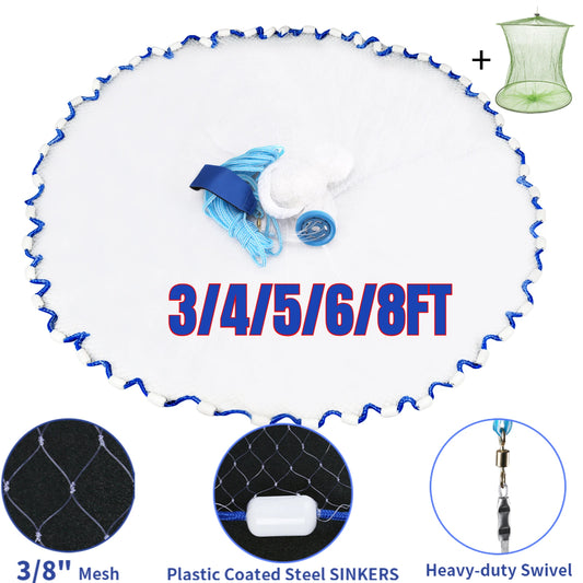 Saltwater Catch Fish Net Portable for Bait Trap Fish 3/4/5/6/8ft Radius Casting Net with Upgrade Sinker for Freshwater Seawater Peaceful Pleasures Health and Wellness