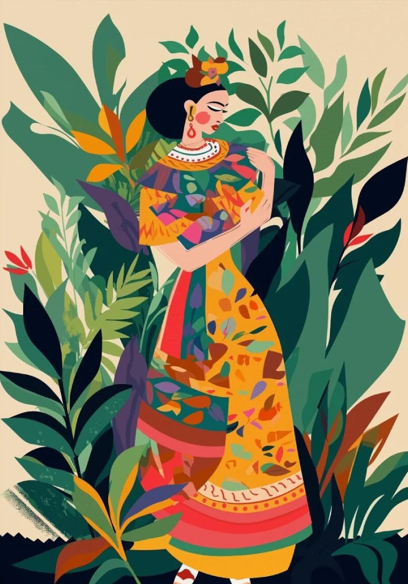 Latina Woman Floral Canvas Wall Art | Ethnic Maximalist Print