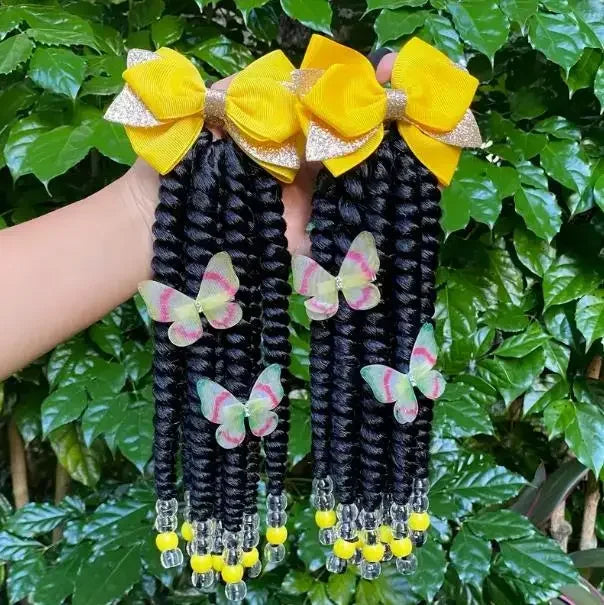 2pack Hair 8inch Kids Braided Ponytail with Beads and Bow Customized Kids Braided Ponytail with Beds Beads and Butterfly Peaceful Pleasures Health and Wellness yellow