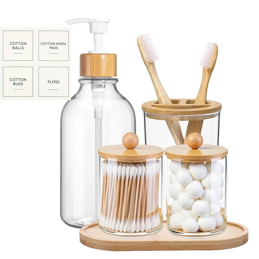 5-Piece Bamboo Bathroom Accessories Set with Tray – Soap Dispenser, Toothbrush Holder & Q-tip Jars
