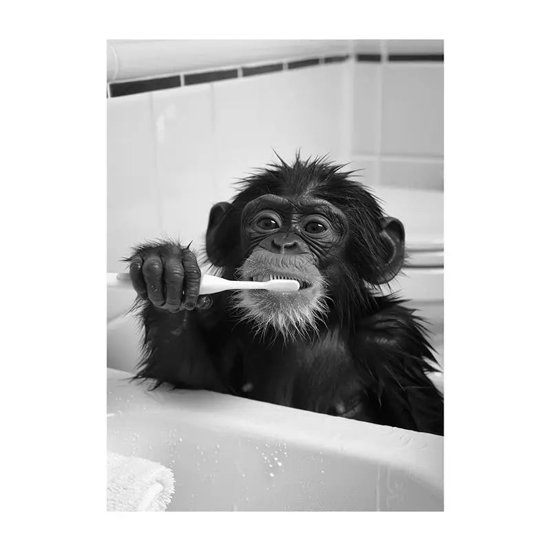 Funny Bathroom Animal Canvas Wall Art | Vintage Brushing Teeth