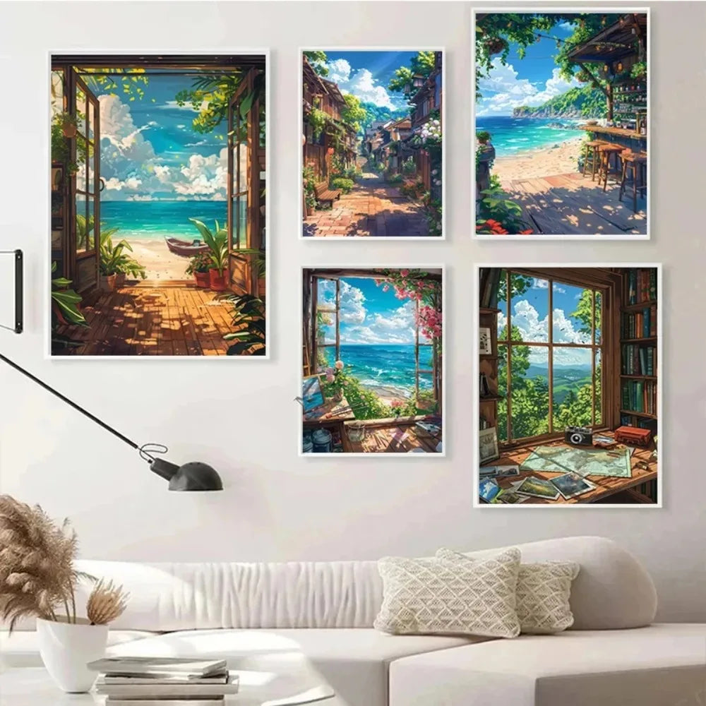 Anime Summer Landscape Canvas Wall Art | Beach Forest Cabin