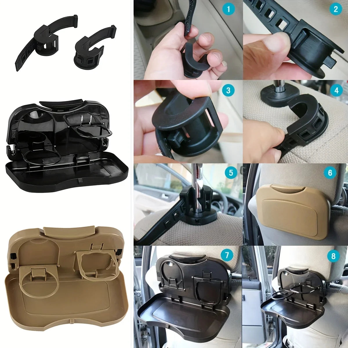 Foldable Car Back Seat Tray Table with Cup Holder & Storage
