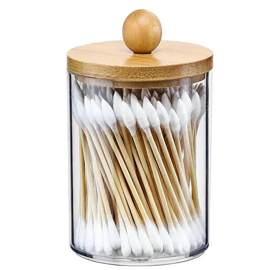 Qtip Holder Clear Apothecary Jar with Bamboo Lid – 10oz Bathroom Organizer Storage Container for Cotton Pads & Swabs Peaceful Pleasures Health and Wellness