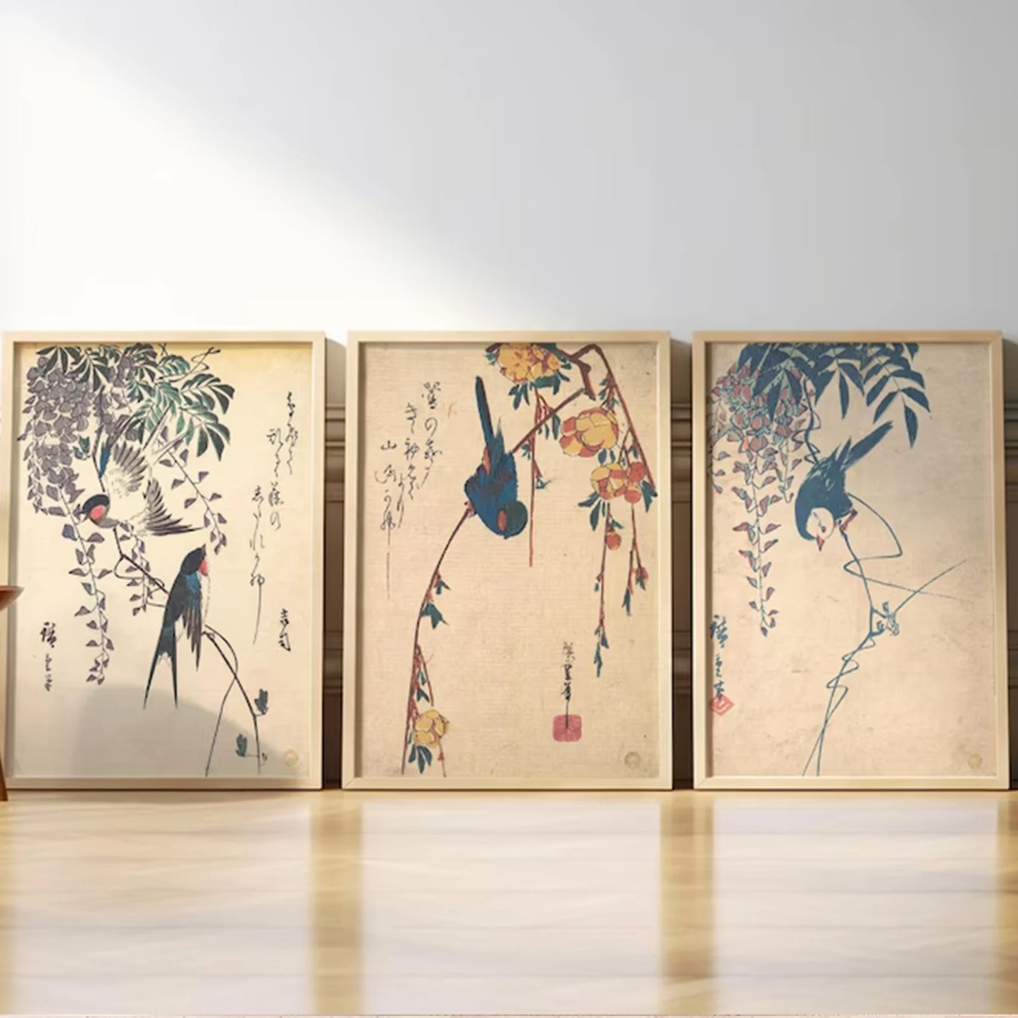 3-Piece Retro Minimalist Japanese Bird Canvas Wall Art Print