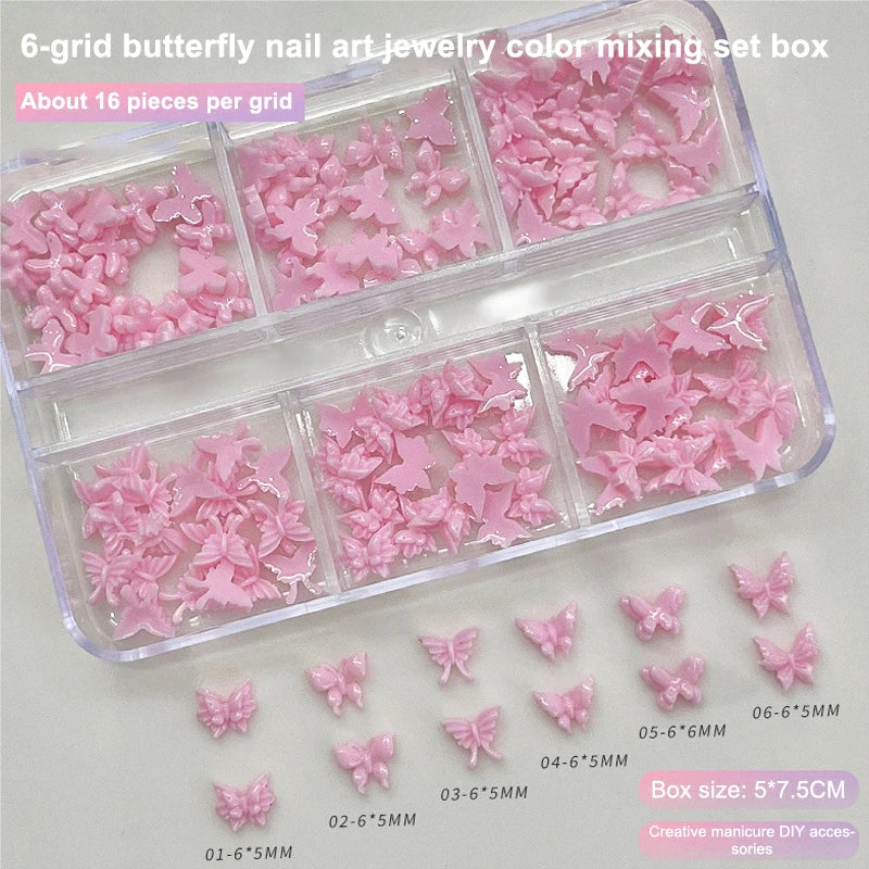 6 Grid Small Butterfly Nail Charms 6*5mm 3d Resin Colorful Butterfly Nail Art Flat-Back Butterfly Nail Parts Peaceful Pleasures Health and Wellness Pink