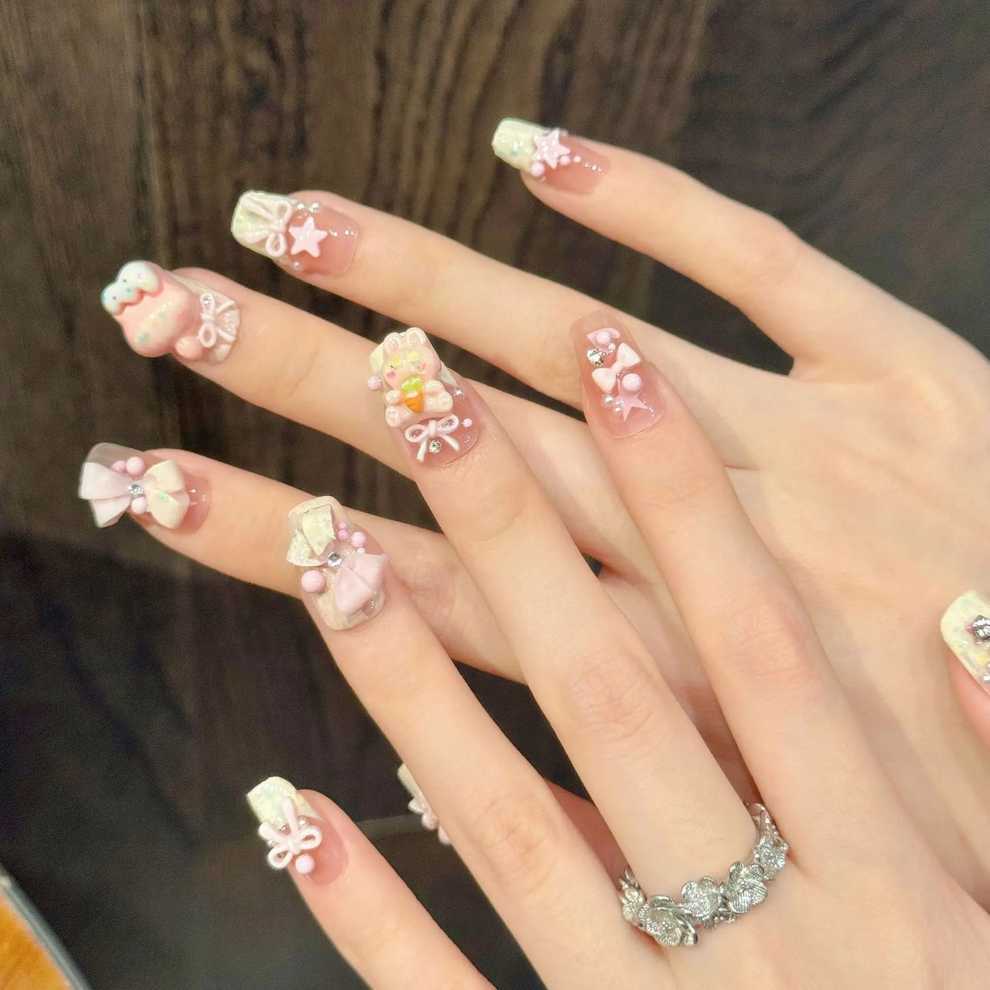 10pcs Handmade Pink Press on Nails Sweet Cute Strawberry Bow Decor Fake Nail Tips Wearable 3D Cute Rabbit Korean False Nails Peaceful Pleasures Health and Wellness