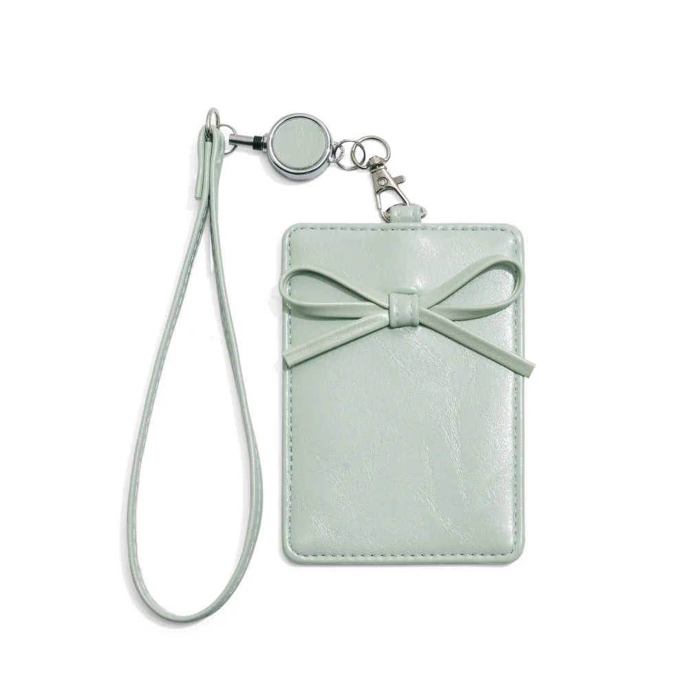 PU Leather Bow Leather Card Holder Bowknot Name Tag Work Card Cover Scalable Retractable Bus ID Holders Men Women Peaceful Pleasures Health and Wellness Light Green