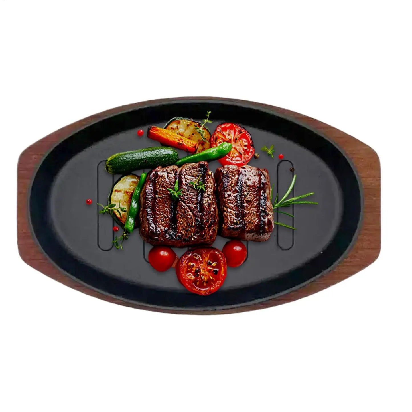 Cast Iron Oval Sizzle Plate with Wooden Base – 10" Steak Pan