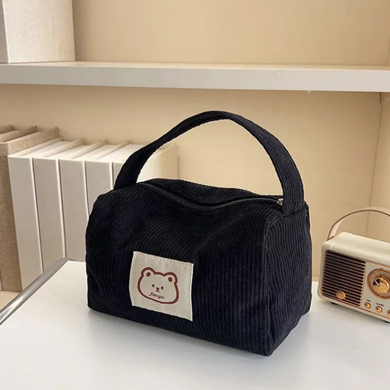 Bear Corduroy Large Makeup Bag – Zipper Cosmetic Organizer