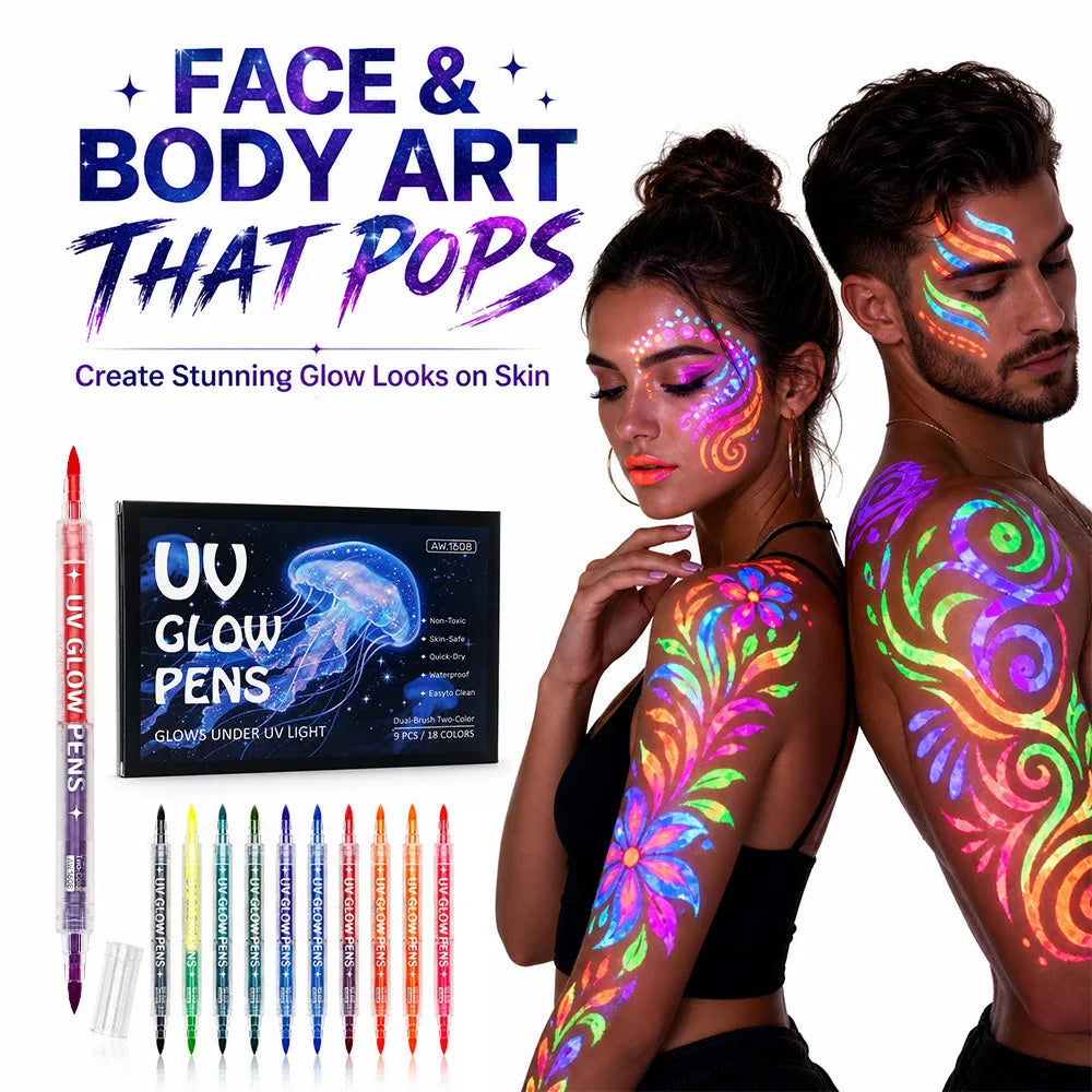 Dual Tip UV Neon Face & Body Paint Markers, Glow Fluorescent Washable Skin Safe Tattoo Pens, Halloween Rave Festival Party Peaceful Pleasures Health and Wellness
