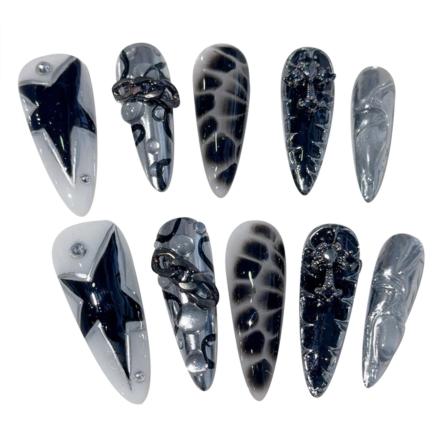 Handmade Press on Nails Punk Cool Black Star Crocodile pattern False Nails Heavy Metal European Black Almond Fake Nail Patches Peaceful Pleasures Health and Wellness M
