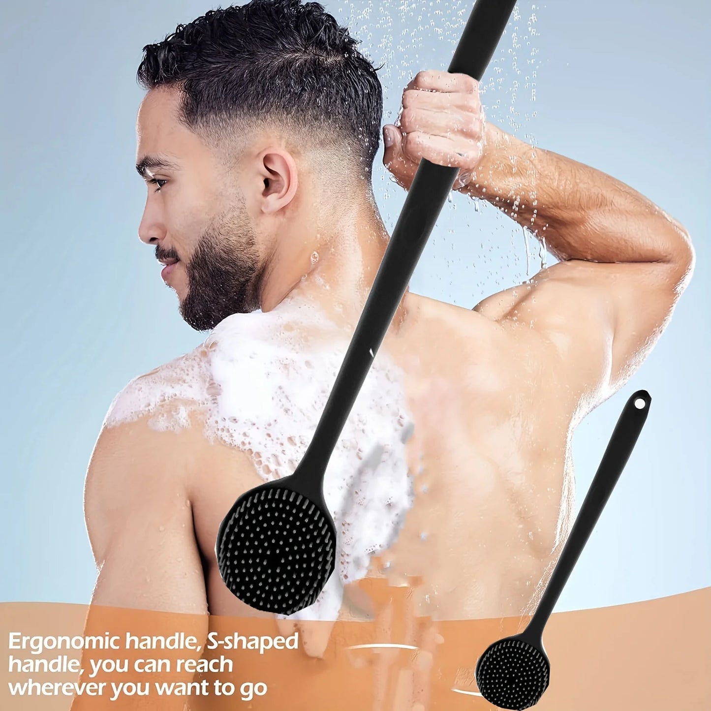 Long Handle Silicone Bath Brush with Soft Bristles - Ergonomic Back Scrubber for Exfoliating & Massaging, Gentle on All Light Peaceful Pleasures Health and Wellness Black