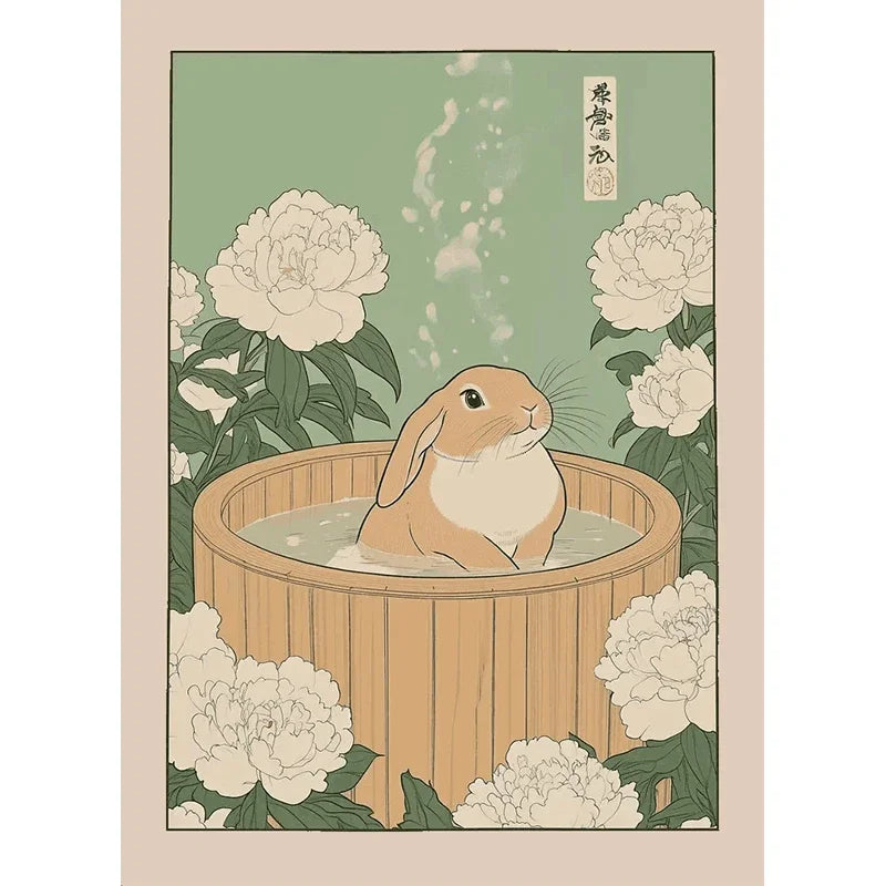 Japanese Cute Animals Bathtub Canvas Wall Art | Bathroom Decor