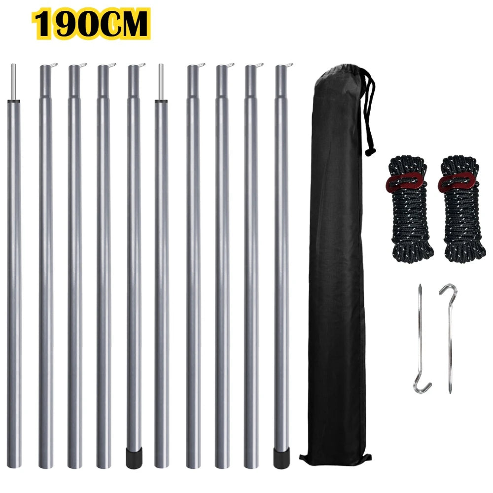 Set of 2 Tent Poles Adjustable Tarp Poles Steel Rods for Tarp Canopy Hiking Camping Replacement with Pegs & Reflective Ropes Peaceful Pleasures Health and Wellness 190CM Sliver kits