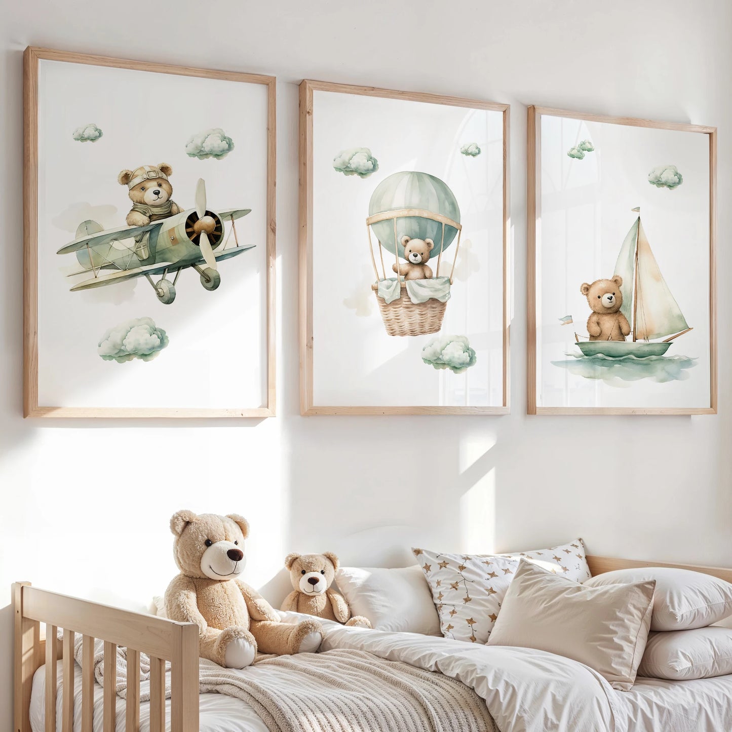 Cartoon Green Cloudy Bear Canvas Wall Art | Kids Room Decor