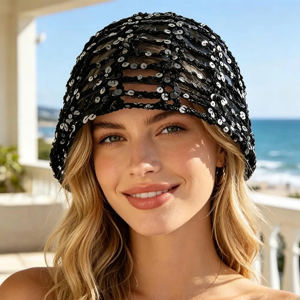 Y2K Sequined Crochet Beanie – Fishnet Pullover Hat for Women