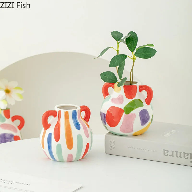 Colorful Stripes Ceramic Vase | Modern Tabletop Flower Decor