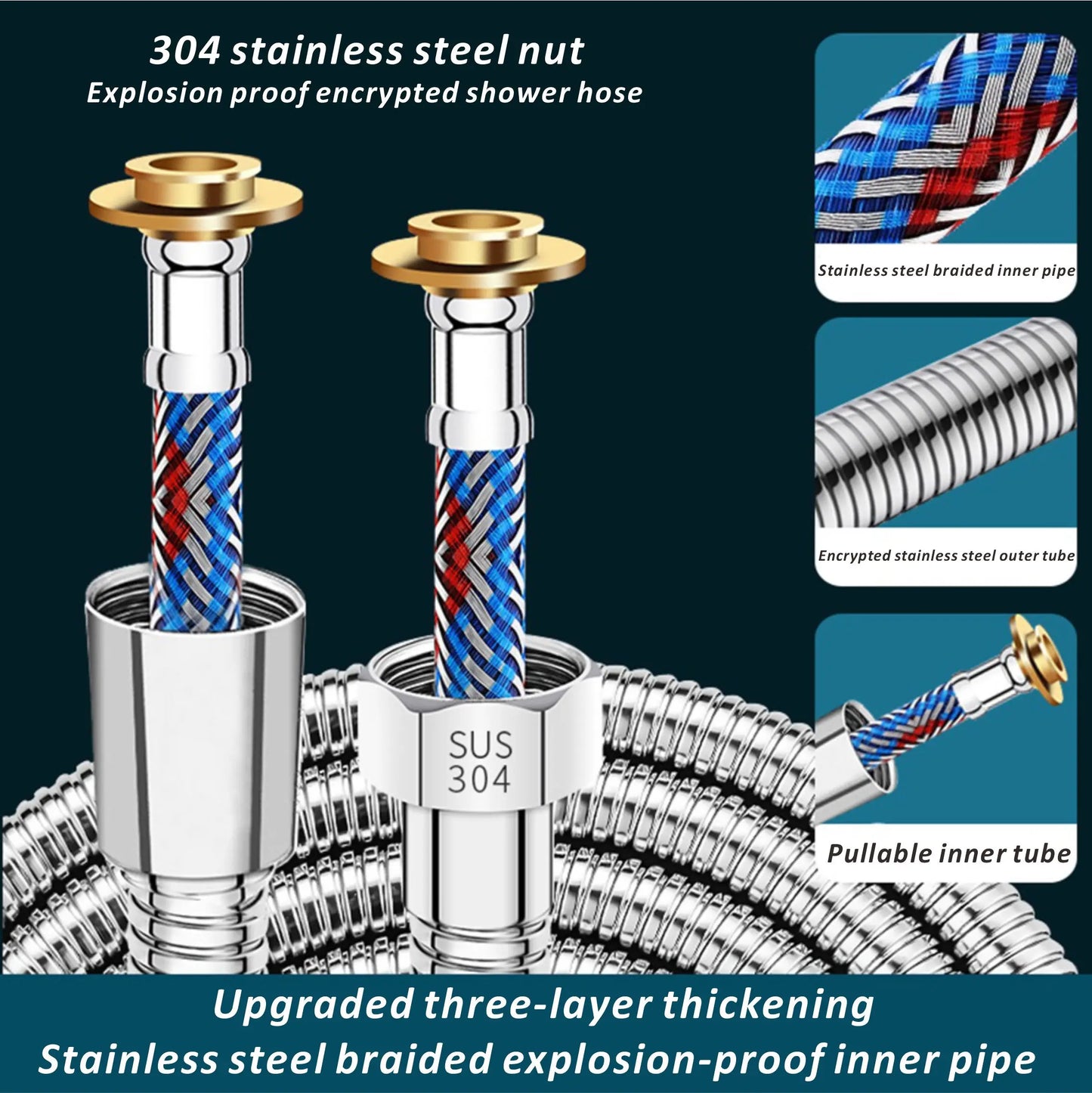 Black Stainless Steel Braided Flexible Shower Hose 1.5M 2M 3M