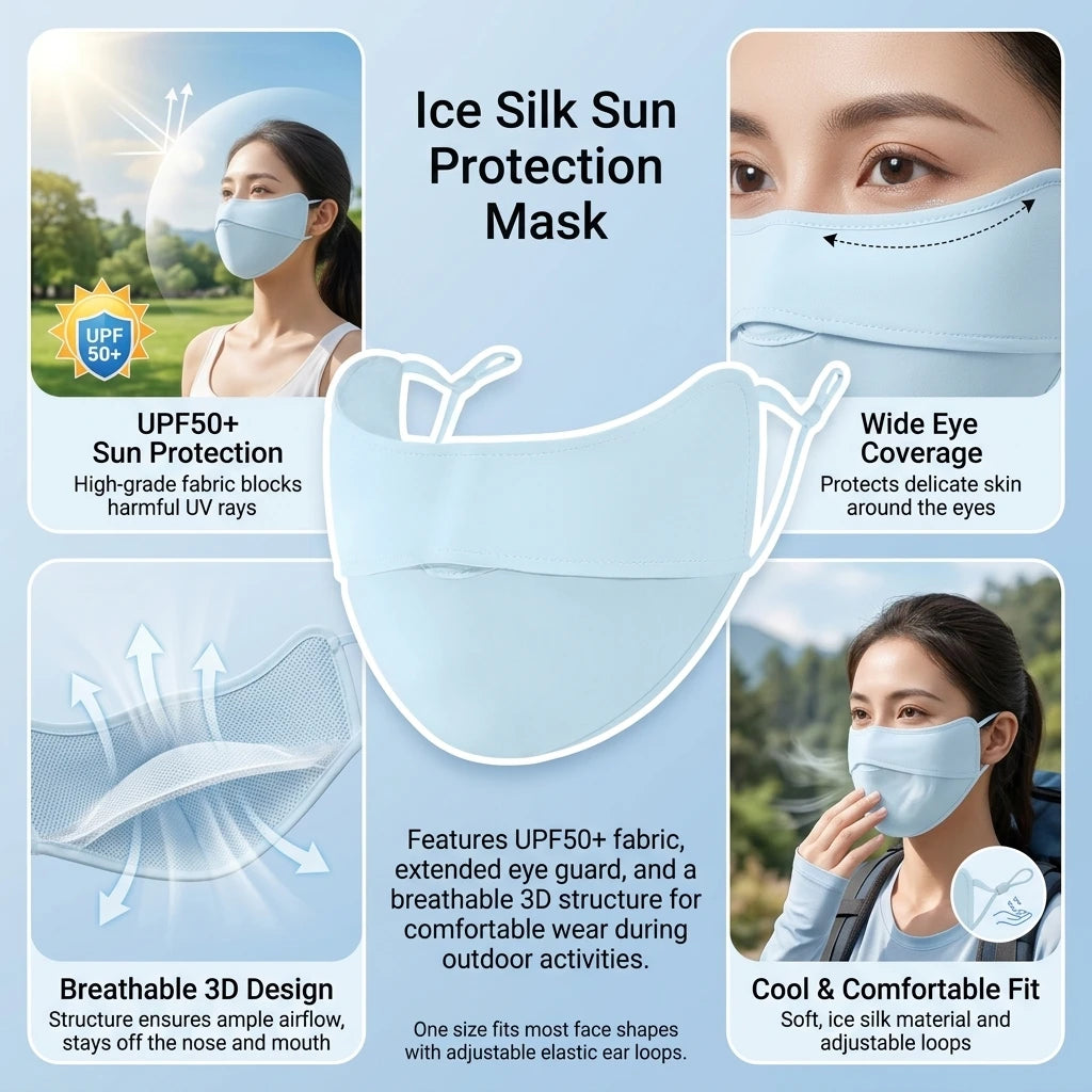 Ice Silk Sunscreen Mask UPF50+ Wide Eye Protections Breathable Dust Proof for Outdoor Activities Peaceful Pleasures Health and Wellness