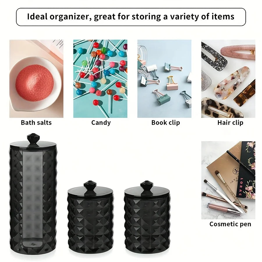 Acrylic Q-tip Holder & Cotton Ball Storage Jars – 3-Pack Bathroom Organizer with Lid