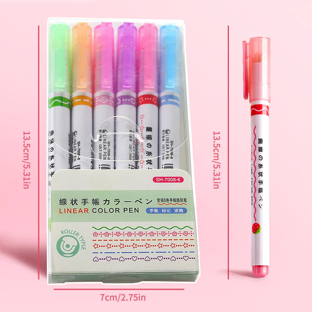 6Pcs/Set Flower Line Shape Highlighter Pen Roller Tip Curve Liner Marker Quick Dry Mark Notes Stationery School Office Supplies Peaceful Pleasures Health and Wellness 6pcs