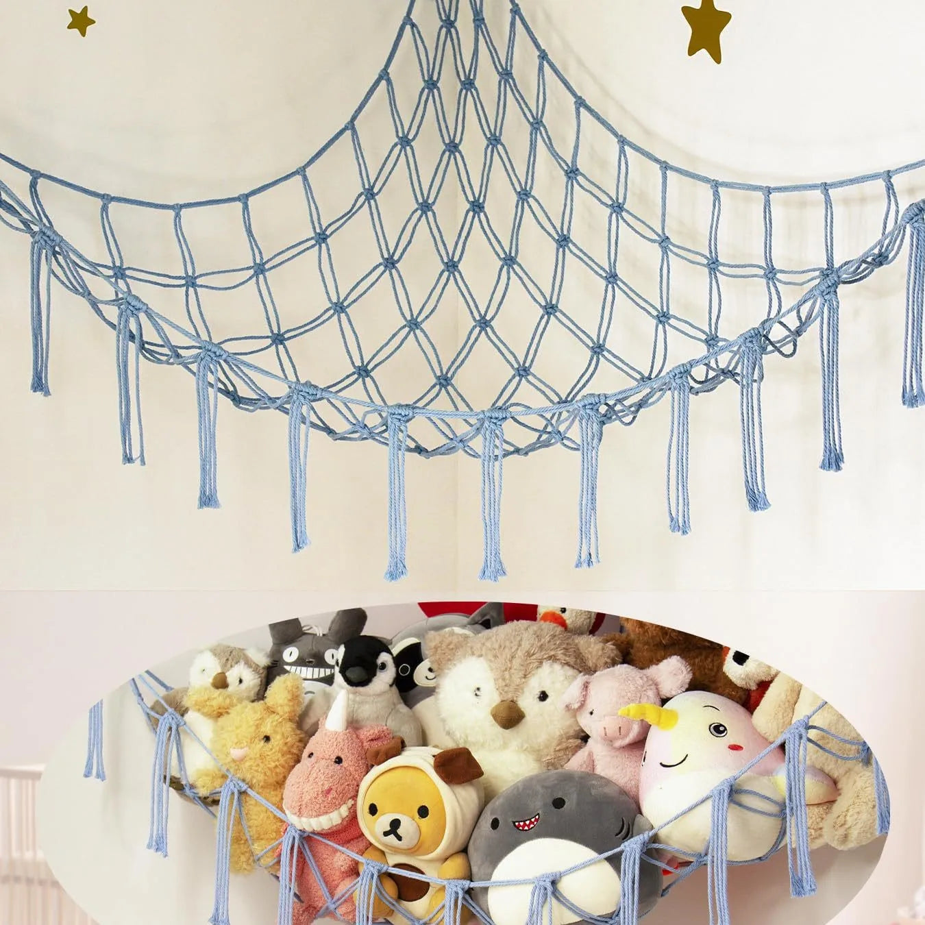 Corner Mounted Toy Storage Net Handwoven Cotton String Triangle Pouch Plush Doll Hammock Kids Room Organizer Peaceful Pleasures Health and Wellness Sky Blue 100x100x140