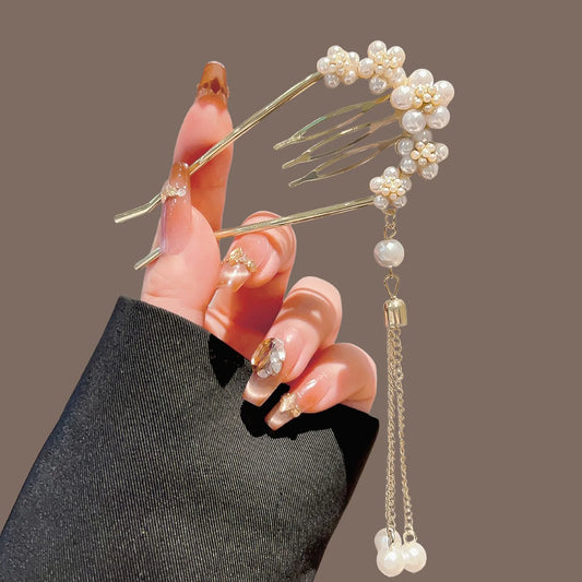 Pearl Fringe U-Shaped Hairpin For Women Elegant Alloy Design With Imitation Pearl Peaceful Pleasures Health and Wellness