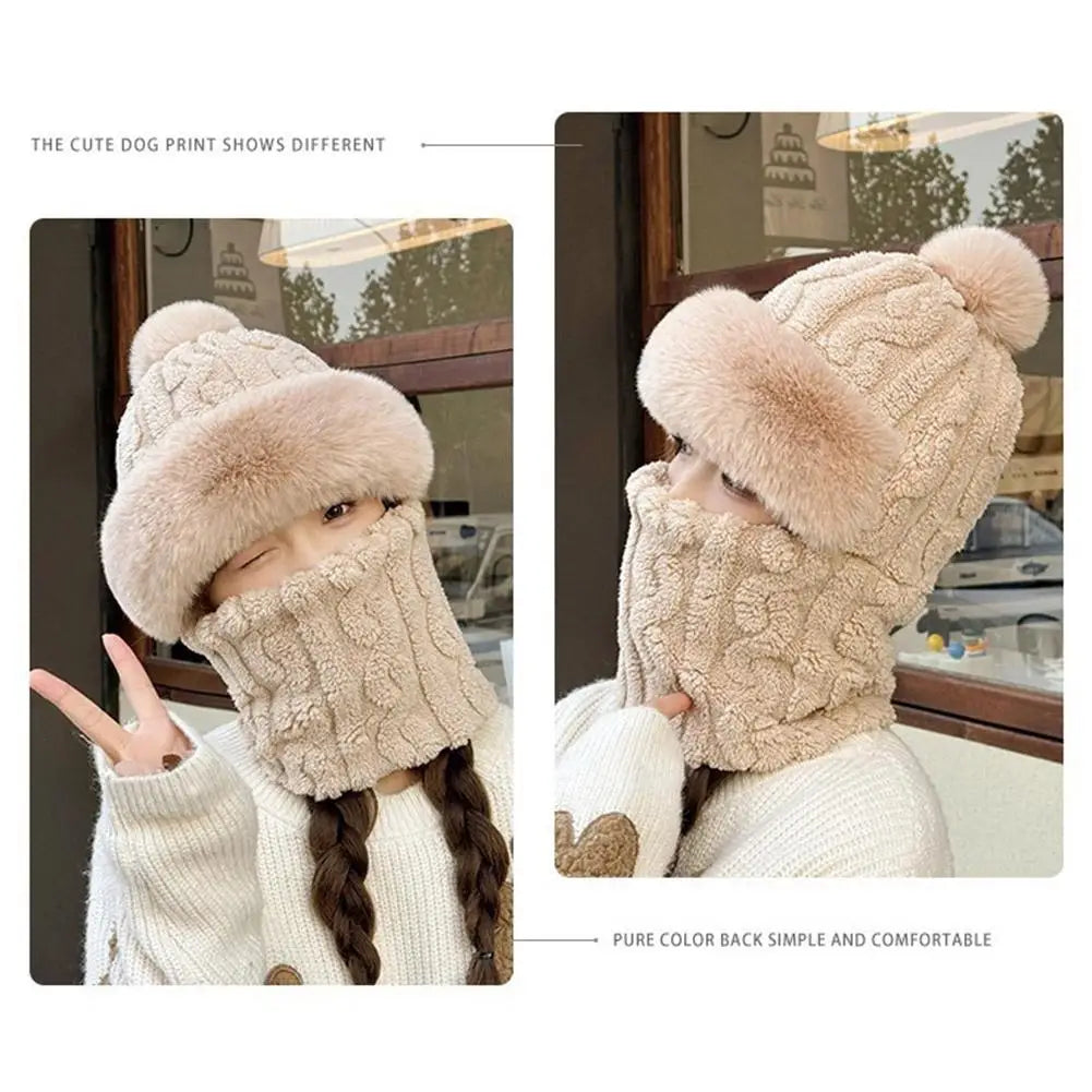 Women's Hooded Plush Winter Beanie – Windproof Ski Cycling Cap