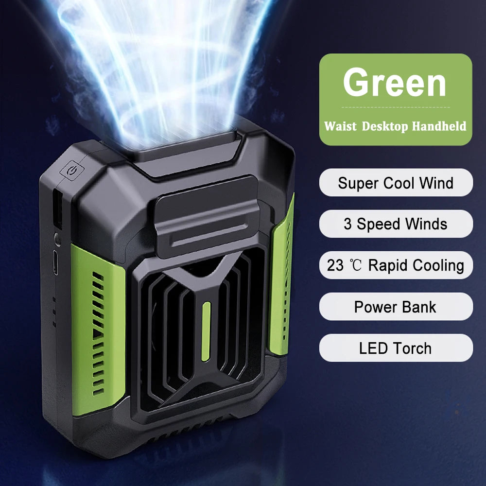 Portable Waist Fan Hanging Neck Fan Rechargeable Air Circulation Fan for Outdoor Sport Mini Bladeless Waist Fan with Power Bank Peaceful Pleasures Health and Wellness Green