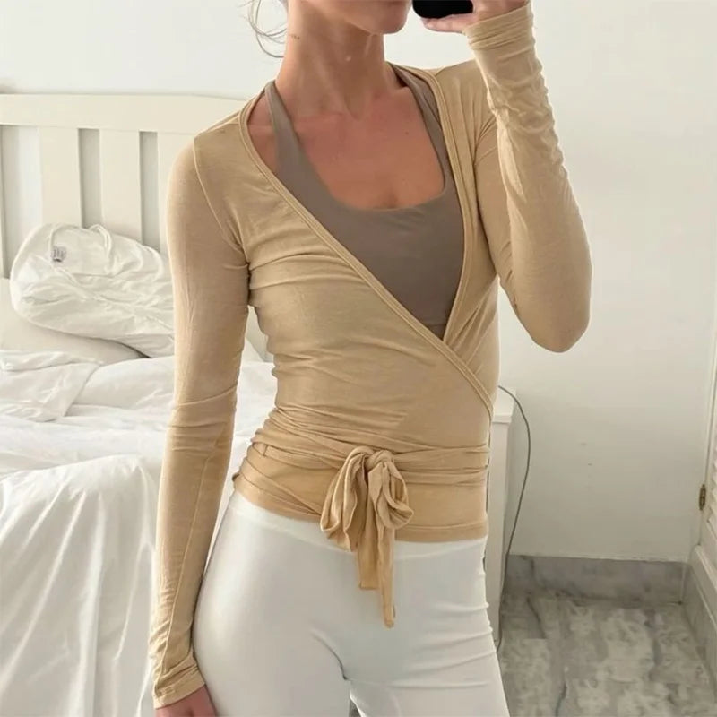 Women's Wrap Tie Front V-Neck Long Sleeve Yoga Sports Top