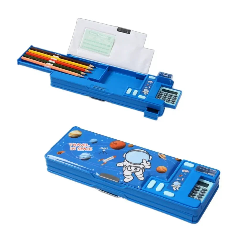 Double Layer Pencil Case Astronaut/Animal Design Pencil Sharpener Pencil Box Plastic With Calculator Stationery Organizer Peaceful Pleasures Health and Wellness Blue