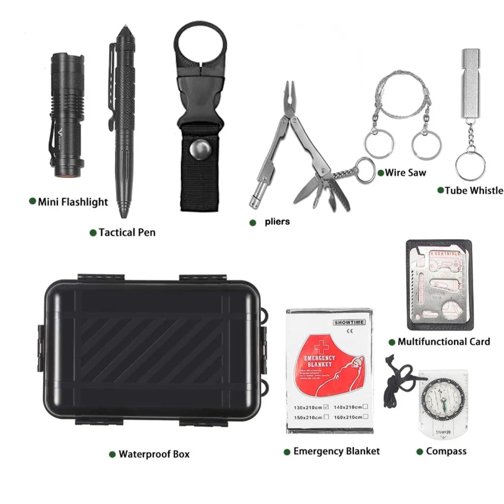First Aid Kit Multifunction Outdoor Adventure Survival Kit SOS Emergency Survival Tool Traveling Camping Hiking Hunting Tool box Peaceful Pleasures Health and Wellness