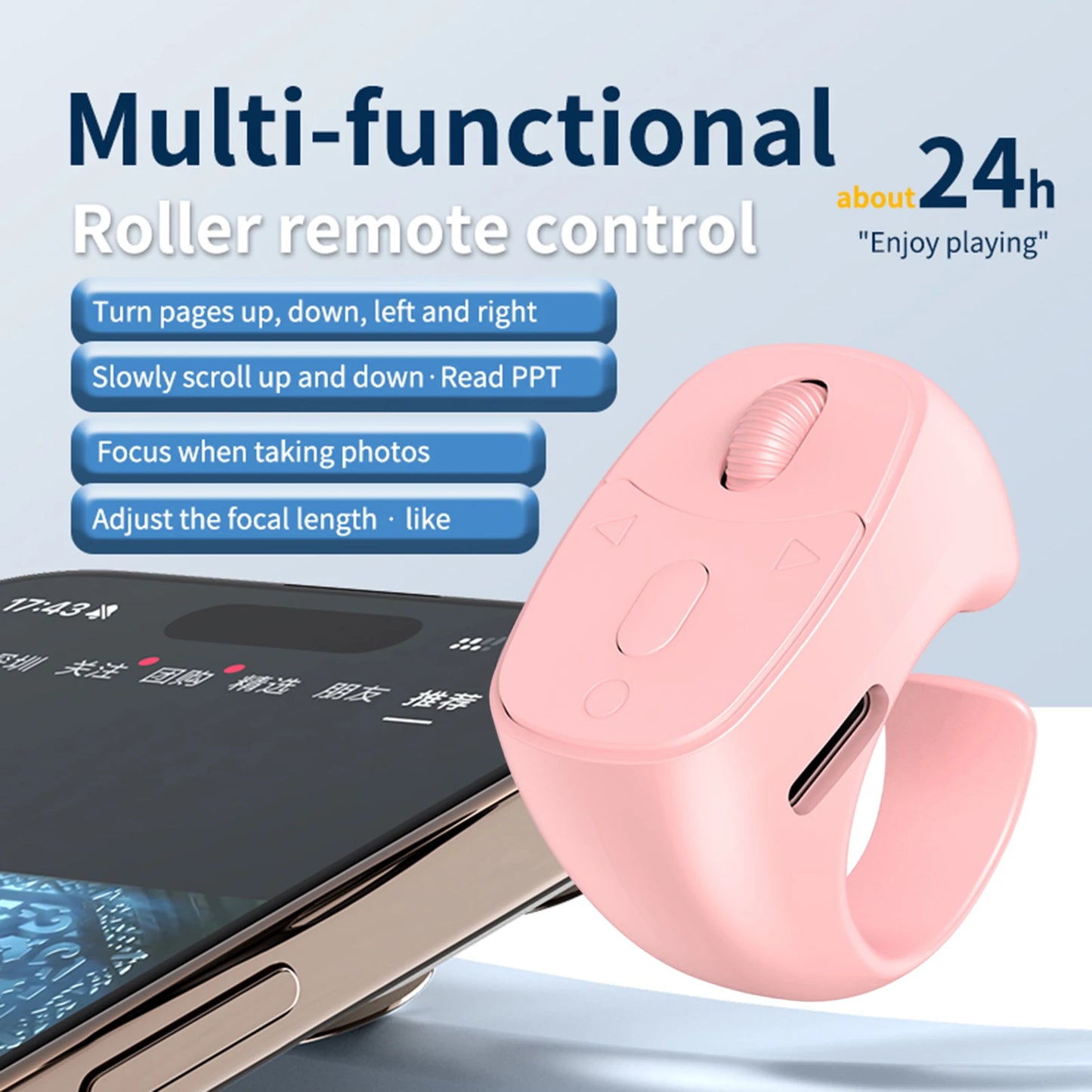 Bluetooth 5.3 Fingertip Ring Remote – Page Turner & Selfie