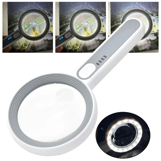 Rechargeable Handheld Magnifier 12X Magnifying Glass with LED Light 3 Modes for Seniors Reading Repair Jewelry Craft Inspection Peaceful Pleasures Health and Wellness