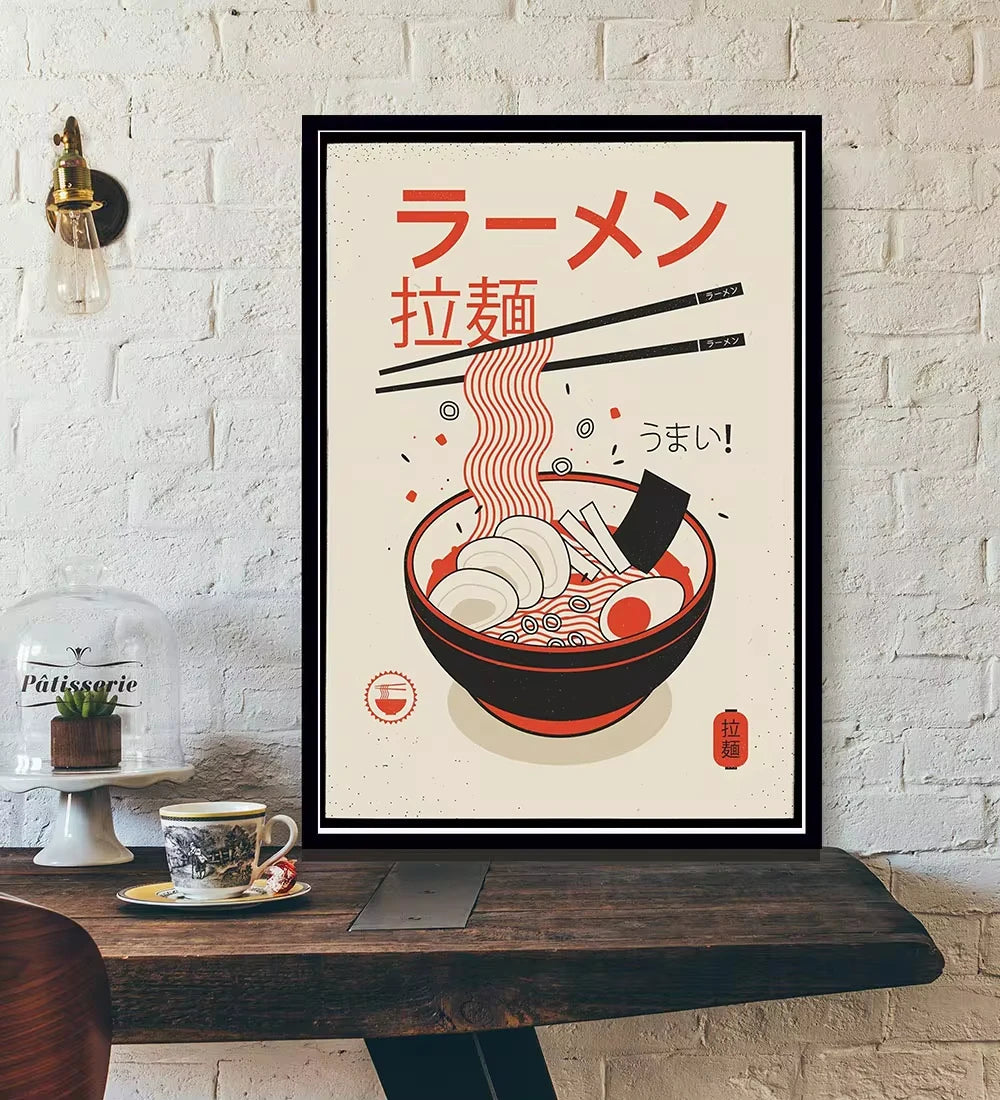 Kawaii Japan Ramen Sushi Vintage Canvas Wall Art Poster