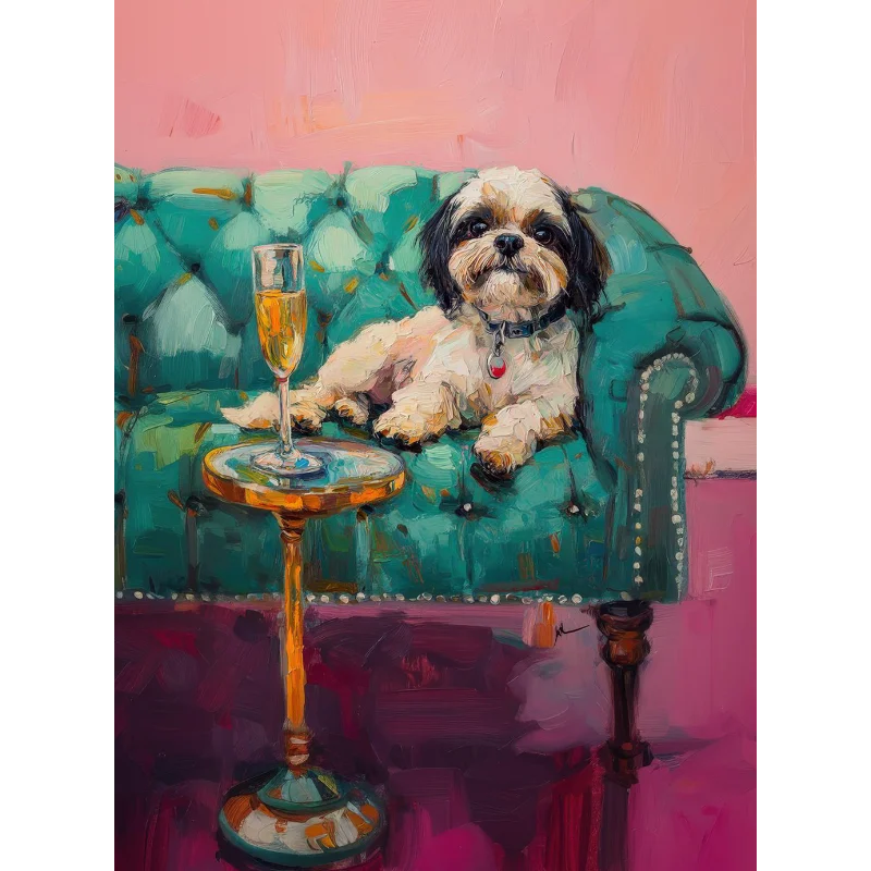 Trendy Cute Quirky Calico Cat with Martini Champagne Cocktail on The Sofa Poster Canvas Painting Wall Art Pictures Home Decor Peaceful Pleasures Health and Wellness 4 55x75cm