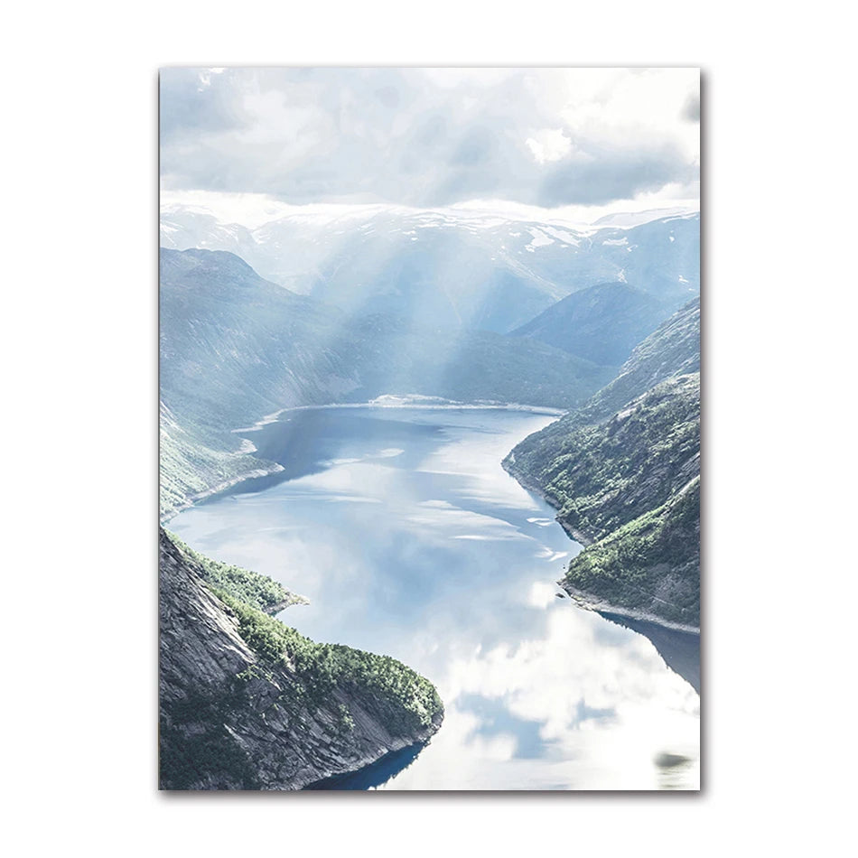 Nordic Boat Lake Mountain Canvas Wall Art | Scandinavian Print