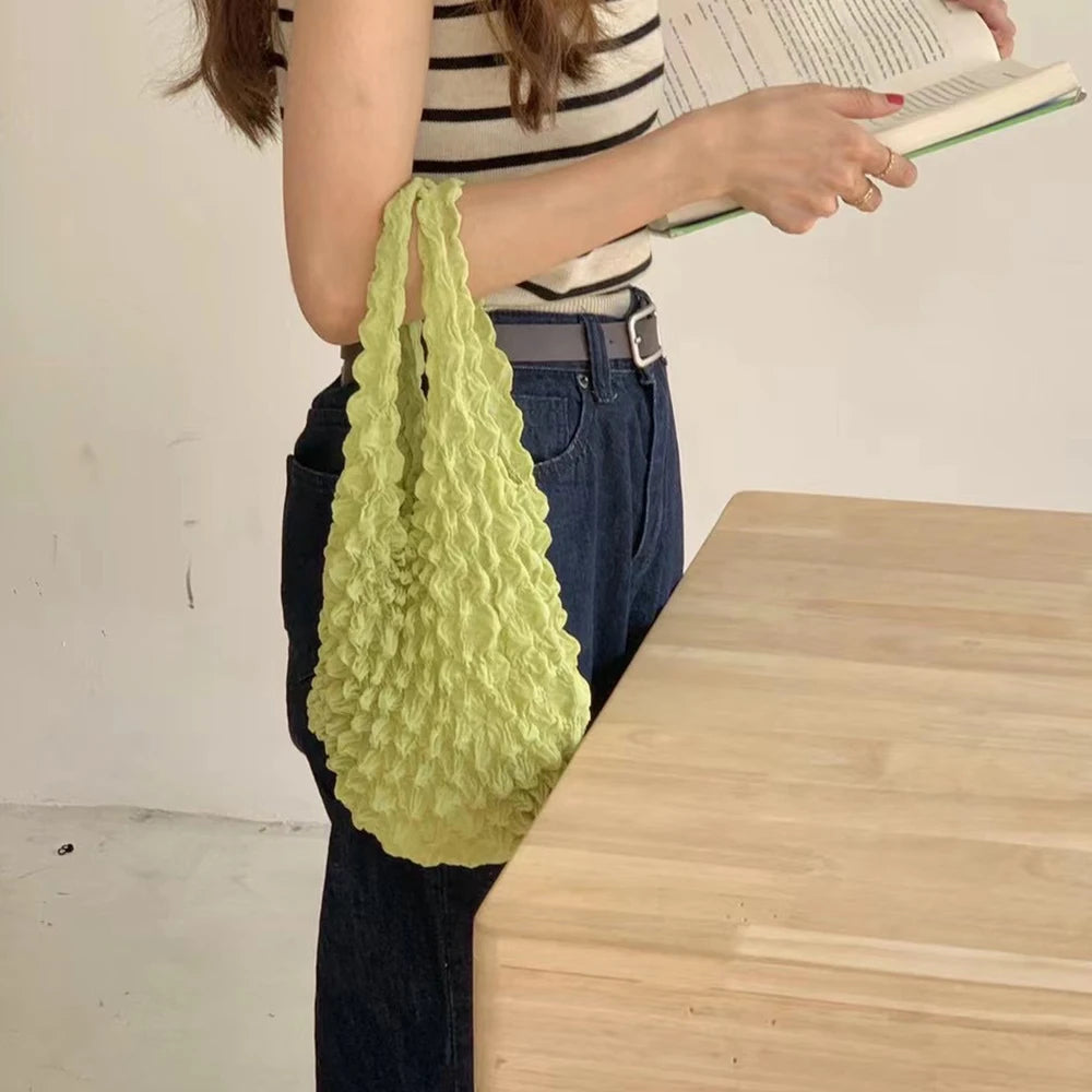 Fold Pleated Flexible Stretch Mini Bag Mini Bag Large Capacity Bubble Elastic Portable Shopping Handbag Tote Peaceful Pleasures Health and Wellness